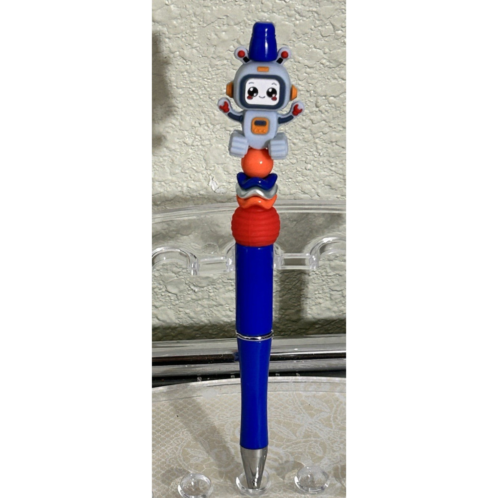 Custom Beaded Pen Blue Robot Handmade Fun Festive Unique Gift